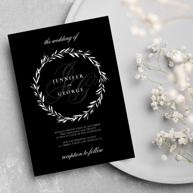 Elegante Monogramm-Initialen Schwarz-weiß Hochzeit Einladung (Elegant monogram initials black white Wedding )
