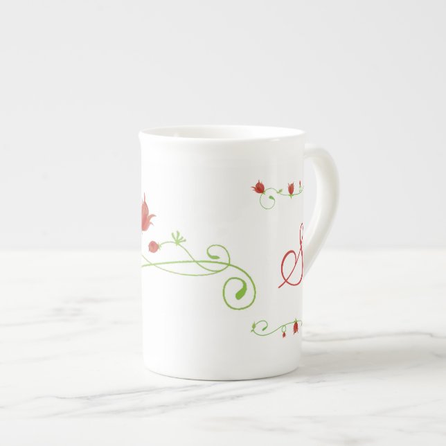 Elegante Monogramm-Knochen-China-Tasse Prozellantasse (Vorderseite Rechts)