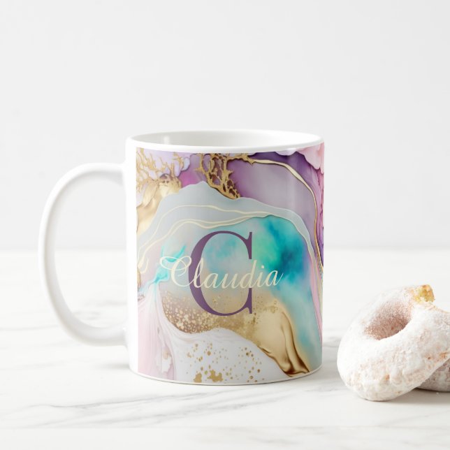 Elegante Monogramm-Marmor-Flüssigtinte Kaffeetasse (Mit Donut)