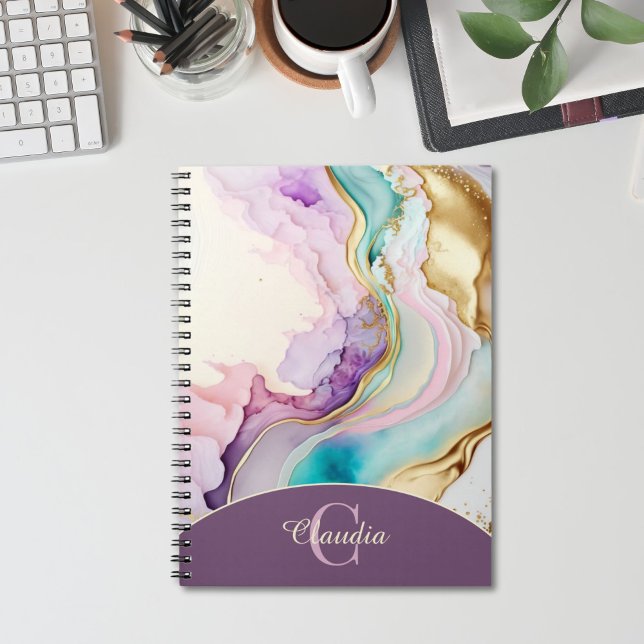 Elegante Monogramm-Marmor-Flüssigtinte Notizblock (feminine notebook with monogram)