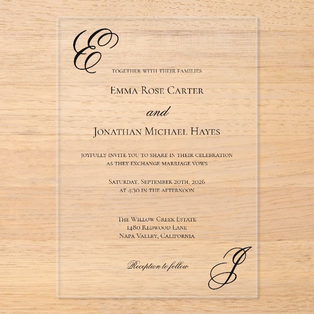 Elegante Monogramm-Minimalismus-Hochzeit Acryleinladungen (Vorderseite)