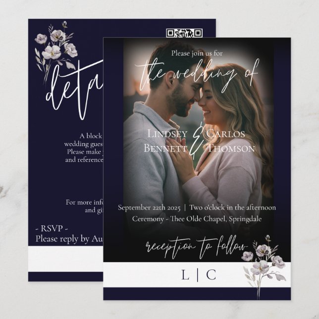 Elegante monogramm-Minimalistische Dunkelmarinenka Einladung (Vorne/Hinten)