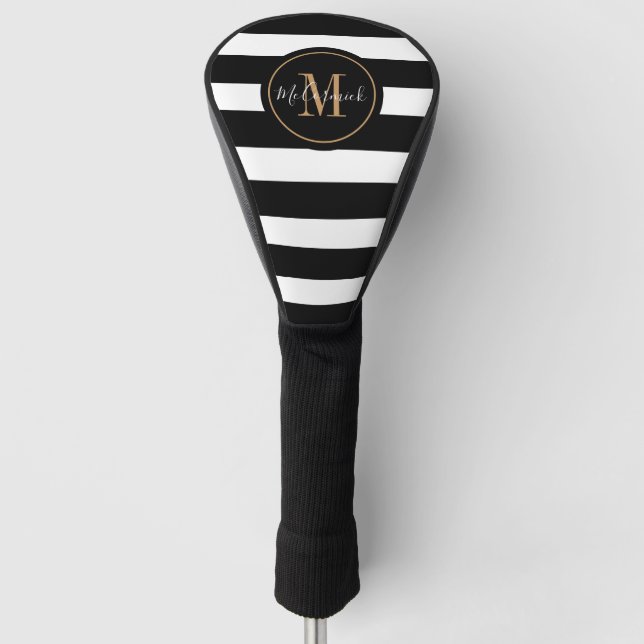 Elegante Monogramm Name Schwarze und weiße Streife Golf Headcover (Vorderseite)