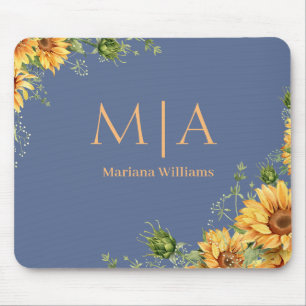 elegante Monogramm Name Sonnenblumen orange blau Mousepad