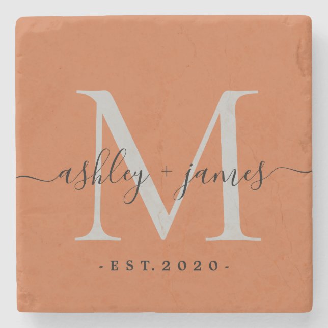 Elegante Monogramm Namen Hochzeitsdatum Brandorang Steinuntersetzer (Vorderseite)