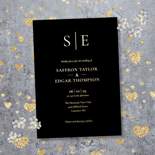 Elegante Monogramm Schwarz-Gold-Hochzeit Folieneinladung (Elegant Monogram Black And Gold Wedding Foil Invitation)