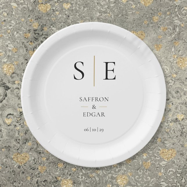 Elegante Monogramm Schwarz-Gold-Hochzeit Pappteller (Elegant Monogram Black And Gold Wedding Paper Plates)
