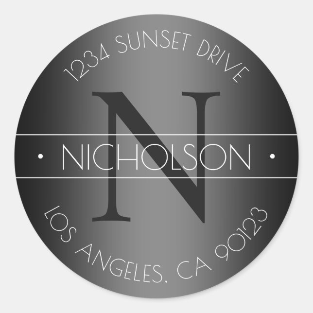 Elegante Monogramm Schwarz/Weiß-Rücksendeadresse Runder Aufkleber (Vorderseite)