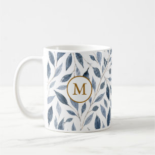 Elegante Monogramm-Tasse "Blaues Blatt" mit golden Kaffeetasse