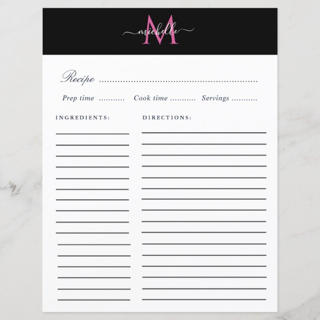 elegante Monogramm trendy Script-Rezeptkarte (Vorderseite)