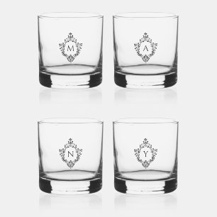 Elegante Monogramme in Vintage-Wappen Schwarz Anfa Whiskyglas