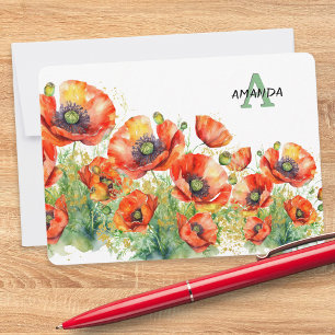 Elegante monogrammierte rote Klatschmohn-Blumen Mitteilungskarte