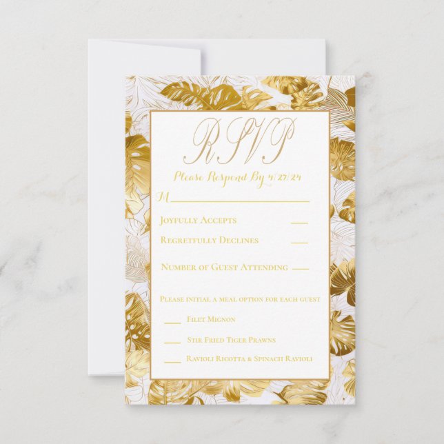 Elegante Monstera Gilded Gold Wedding RSVP (Vorderseite)