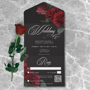 Elegante Moody Bloodrote Rosen Hochzeit QR-Code All In One Einladung