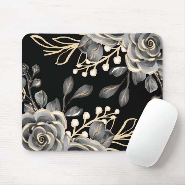 Elegante Moody Gray Black Floral Watercolor Mousepad (Mit Mouse)