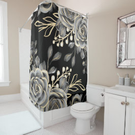 Elegante Moody Gray Floral Gold Schwarze Wasserfar Duschvorhang