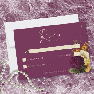 Elegante Moody-Juwel Vintage-Blumen-Wein-Hochzeit RSVP Karte