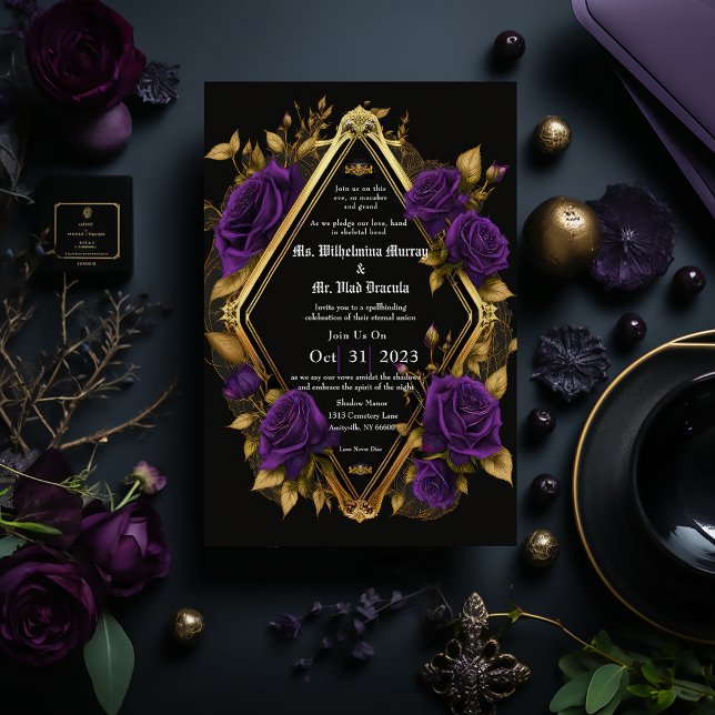 Elegante Moody Lila & Gold Gothic Wedding Einladung (Elegant Gothic Purple and Gold Wedding Invitation)