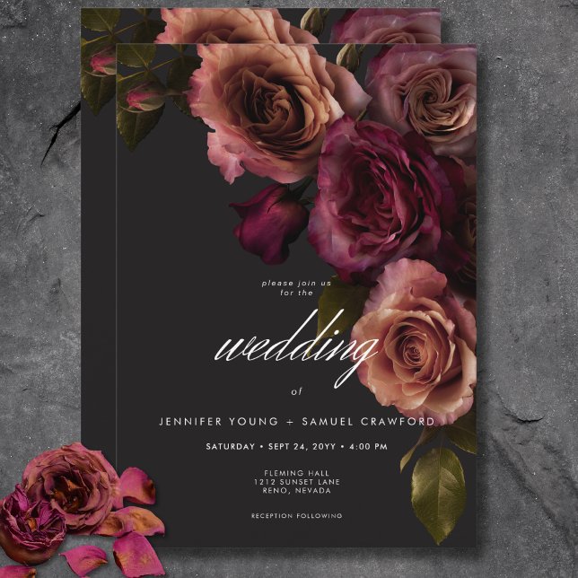 Elegante Moody Mutes Rost & Burgund Blumenhochzeit Einladung (Elegant Moody Muted Rust & Burgundy Floral Wedding Invitation)