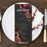 Elegante Moody Mutes Rost & Burgund Blumenhochzeit Menükarte<br><div class="desc">Mit unserem fesselnden, langen Hochzeitsmenü können Sie Ihre gotisch inspiriert Feier zeitlos elegant gestalten. Ein weicher schwarzer Hintergrund bietet die perfekte Leinwand für einen fesselnden, aber dennoch schlichten Bouquet. Stellen Sie sich ein Eckchen aus gedämpfter Rose vor, in dem sich Rostrot und Bordeaux-Farbtöne mit dunkelgrünem Blattwerk vermischen. Dieses ätherische Design...</div>