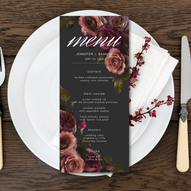 Elegante Moody Mutes Rost & Burgund Blumenhochzeit Menükarte (Elegant Moody Muted Rust & Burgundy Floral Wedding Long Menu)