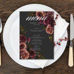 Elegante Moody Mutes Rost & Burgund Blumenhochzeit Menükarte<br><div class="desc">Mit unserem fesselnden kleinen Karten Hochzeitsmenü verzaubern Sie zeitlos elegant für Ihre gotisch inspirierte Feier. Ein weicher schwarzer Hintergrund bietet die perfekte Leinwand für einen fesselnden, aber dennoch schlichten Bouquet. Stellen Sie sich ein Eckchen aus gedämpfter Rose vor, in dem sich Rostrot und Bordeaux-Farbtöne mit dunkelgrünem Blattwerk vermischen. Dieses ätherische...</div>