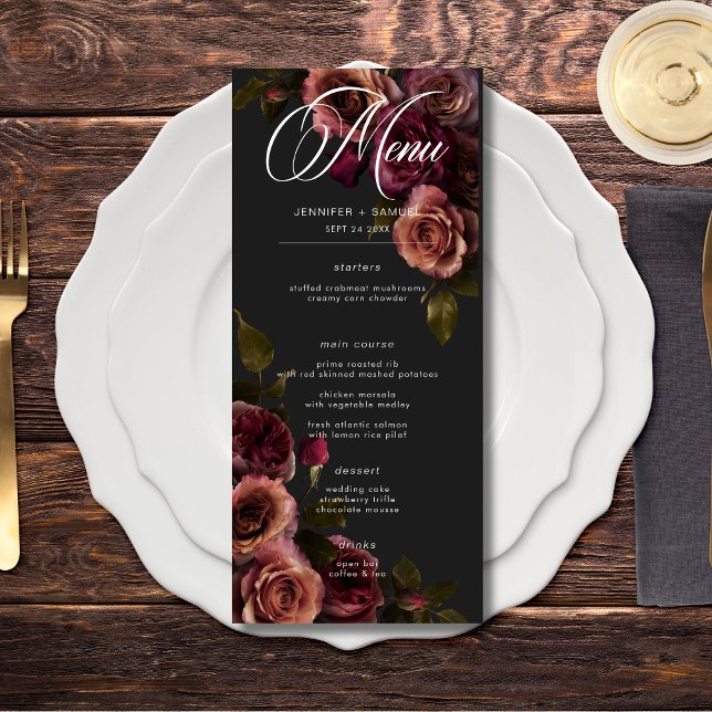 Elegante Moody Mutes Rost & Burgund Blumenhochzeit Menükarte (Elegant Moody Muted Rust & Burgundy Floral Wedding Menu)