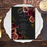 Elegante Moody Mutes Rost & Burgund Blumenhochzeit Menükarte<br><div class="desc">Mit unserem fesselnden kleinen Karten Hochzeitsmenü verzaubern Sie zeitlos elegant für Ihre gotisch inspirierte Feier. Ein weicher schwarzer Hintergrund bietet die perfekte Leinwand für einen fesselnden, aber dennoch schlichten Bouquet. Stellen Sie sich ein Eckchen aus gedämpfter Rose vor, in dem sich Rostrot und Bordeaux-Farbtöne mit dunkelgrünem Blattwerk vermischen. Dieses ätherische...</div>