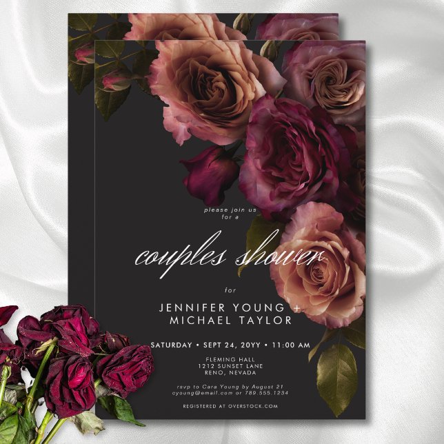 Elegante Moody Rust & Burgundy Blumendusche Einladung (Elegant Moody Rust & Burgundy Floral Couples Shower Invitation)