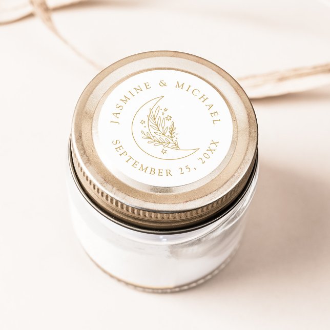 Elegante Moon and Stars Gold Gastgeschenk Hochzeit Runder Aufkleber (Von Creator hochgeladen)