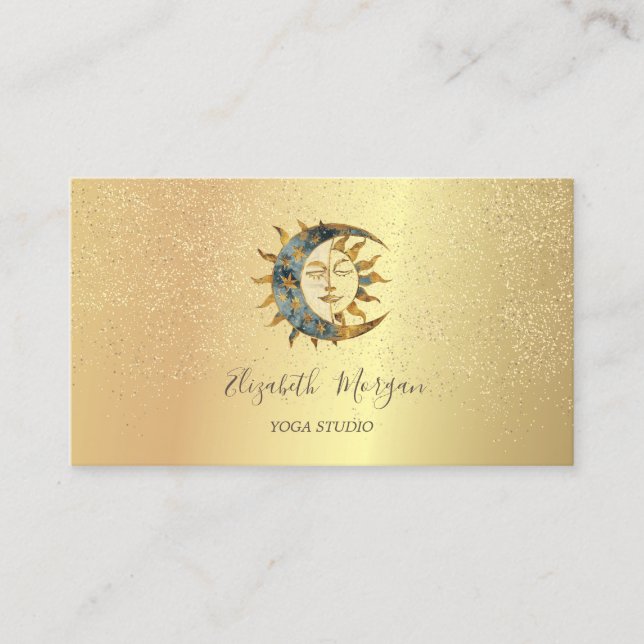 Elegante Moon Sun Gold Confetti Yoga Studio Visitenkarte (Vorderseite)