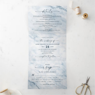 Elegante Moonlight Blue Metallic Marmor Wedding Dreifach Gefaltete Einladung