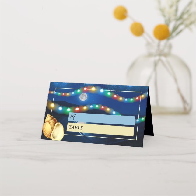 Elegante Moonlit Beach Wedding Platzkarte (Vorderseite)