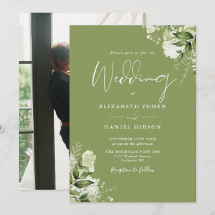 Elegante Moosgrün Florale Grünpflanzen Hochzeitsfo Einladung