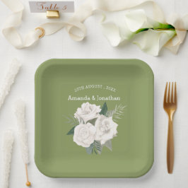 Elegante Moss Green und White Roses Wedding Pappteller