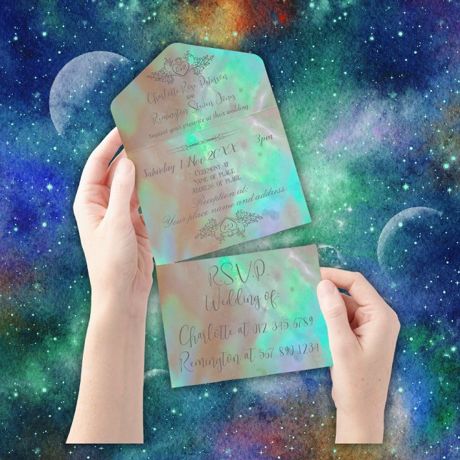 Elegante Mother-of-Pearl Green Wedding All In One Einladung (Von Creator hochgeladen)