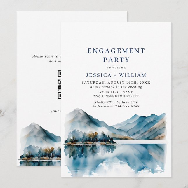 Elegante Mountains Forest Engagement Party QR Code Einladung (Vorne/Hinten)