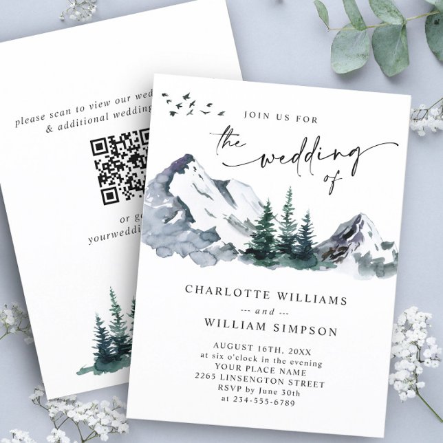 Elegante Mountains Forest Wedding QR Code Einladung (Von Creator hochgeladen)