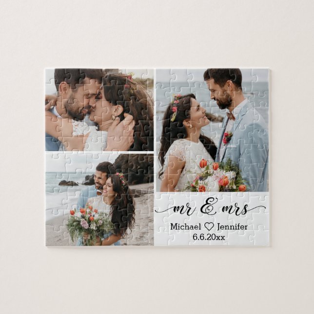 elegante mr & mrs Hochzeit 3 Foto Collage Jig Puzzle (Horizontal)