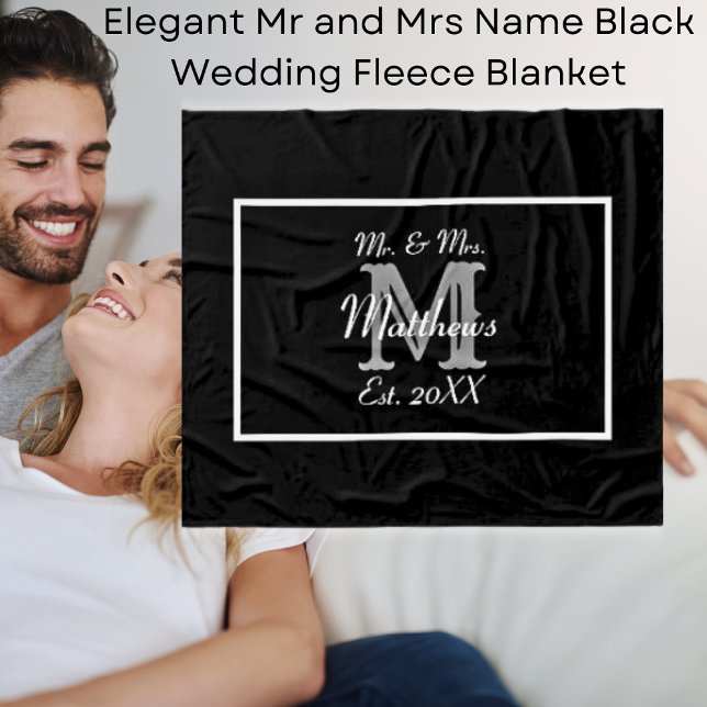 Elegante Mr. und Mrs. Name Black Wedding Fleecedecke (Elegant Mr and Mrs Name Black Wedding Fleece Blanket)