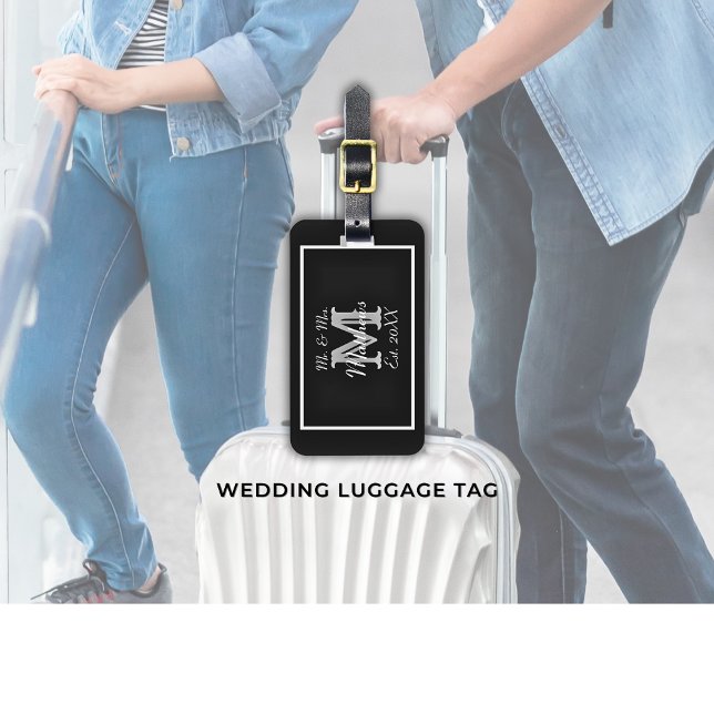 Elegante Mr. und Mrs. Name Black Wedding Gepäckanhänger (Von Creator hochgeladen)