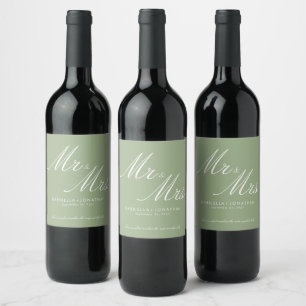 Elegante Mr. und Mrs. Sage Green White Wedding Weinetikett