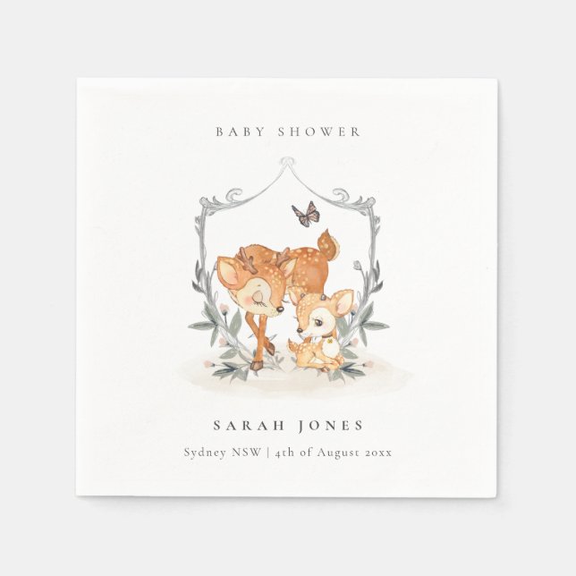 Elegante Mum Deer Fawn Floral Wappen Baby Shower Serviette (Vorderseite)