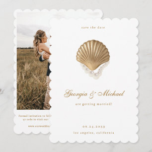 Elegante Muschel- und Perlen-Gold-Küstenhochzeit Save The Date
