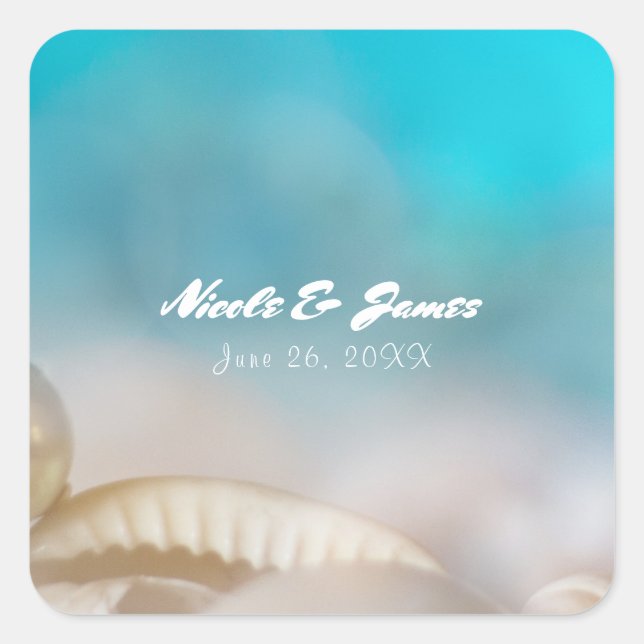 Elegante Muscheln Blue Tropical Beach Hochzeit Quadratischer Aufkleber (Vorderseite)