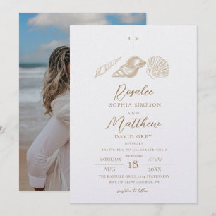 Elegante Muscheln Weiße & Goldene Küstenhochzeit Einladung