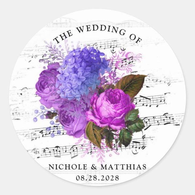 Elegante Musical Floral Wedding Runder Aufkleber (Vorderseite)