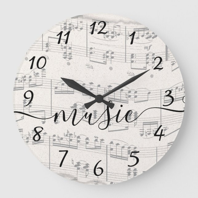 Elegante Musiknoten mit Skript Große Wanduhr (Vorderseite)