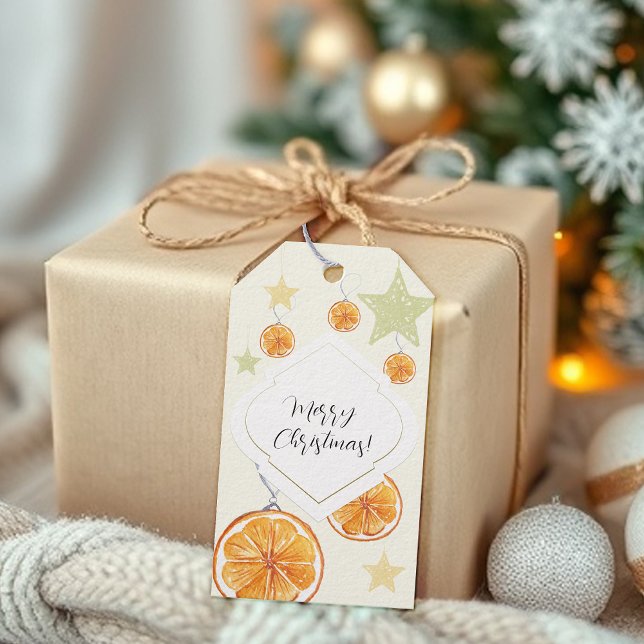 Elegante Muster Orangen und Sterne auf Beige Geschenkanhänger (Von Creator hochgeladen)