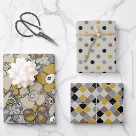 Elegante Muster Senfgelb Beige Graubraun Geschenkpapier Set